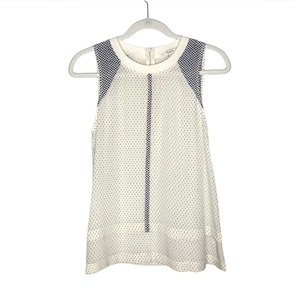 Madewell Sleeveless Polka Dot Silk Tank Top Small Off White Blue Double Tiered